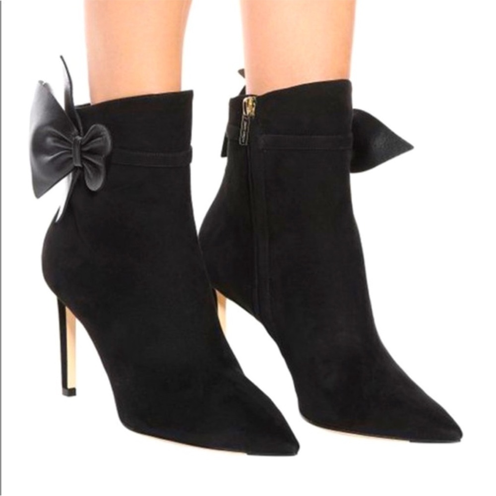Jimmy Choo Black Suede Bow Ankle Boots Pointed Toe Stiletto EU 37 Kassidy